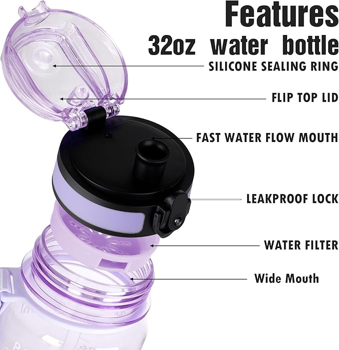 OLDLEY Water Bottle, 32oz Motivational Sports Water Bottle with Time Marker - Times to Drink - Tritan, BPA Free, Wide Mouth Leakproof,Amethyst (1 Bottle)