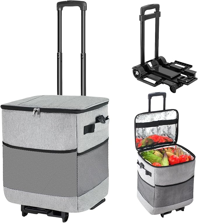 Collapsible Large Rolling Cooler 60-Can/40L,3-in-1 Insulated Soft Cooler Bag,Adjustable Wheels&Handle, Rolling Cooler Cart for Beach Camping Travel Outdoor Hot Takeout Orders