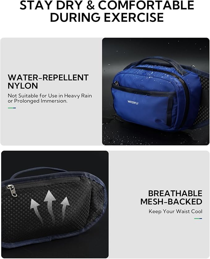 WATERFLY Fanny Pack Waist Bag: Large RFID Blocking Crossbody Bags with Multi-Pockets, Breathable Casual Anti-Theft Hip Pouch for Women Men Traveling Walking Hiking-Navy Blue
