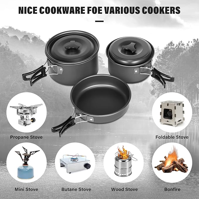 Lixada 10pcs Camping Cookware Mess Kit, Non-Stick Lightweight Stackable Pot Pan Bowls Camping Cooking Set with Storage Bag, Portable Outdoor Cookware Accessories for Backpacking Hiking Picnic