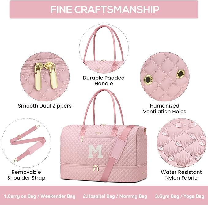 Letter Weekender Bags for Womens - Duffle Bag with Shoe Compartment Personalized Overnight Bag with Toiletry Bag Duffel Bags for Gym Hospital Bags Gift for Women Pink (Letter M)