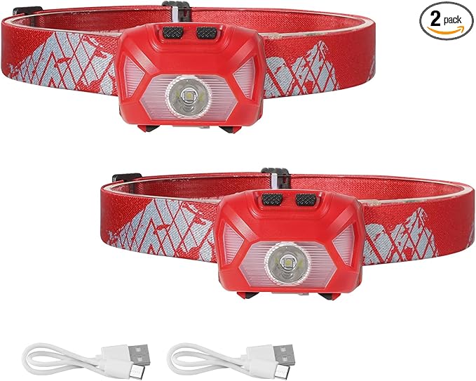 Lepro 320014 LED Rechargeable Headlamp, 2 Pack Head Lamp with 6 Modes for Camping & Hiking Gear Essentials, IPX4 Waterproof Bright Headlight Flashlights with Adjustable Headband, Type-C Cable - Red