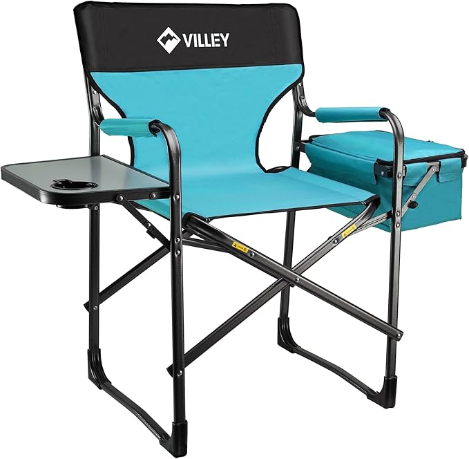 VILLEY Heavy Duty Directors Chair, Folding Camping Chairs, with Cooler Bag Portable Foldable Chair, for Camp Tailgating Lawn Picnic Fishing Beach, Supports 400 LBS, Blue