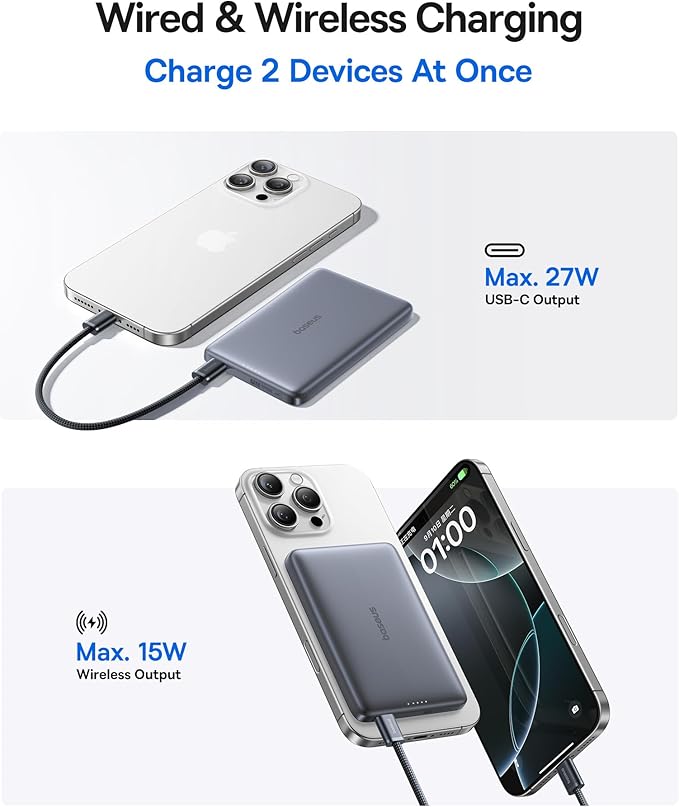 Baseus 0.5" Ultra Slim 10000mAh MagSafe Portable Charger & Qi2.2 25W Magsafe Portable Charger Power Bank 10000mAh 45W