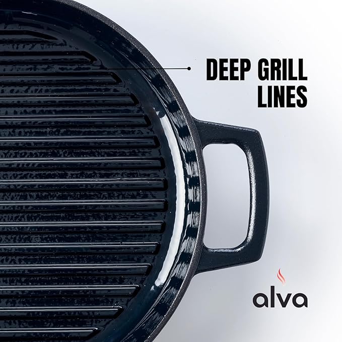 Alva Nori 11" Pre-Seasoned Cast Iron Grill Pan – PFAS, PFOA & PTFE-Free Nonstick – Lightweight, Easy to Clean – All Stovetops & Oven Safe – Premium Black Griddle