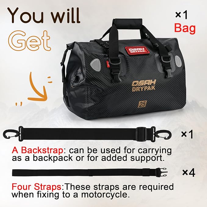 Waterproof Duffel Bag - Motorcycle Dry Bag Tail Bag with Large Storage Space, Waterproof Luggage Duffle Bags with Outer Mesh Zipper Pocket for Camping, Kayaking, Fishing & Traveling