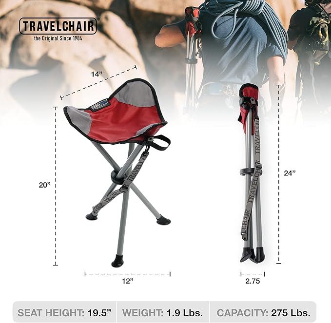 Travel Chair Slacker Tripod Chair for Camping, Lightweight Chair, Adjustable Carry Strap for Easy Transport | Oversized Duck Feet for Improved Stability | Perfect for Outdoor Adventures (Red)