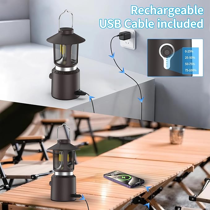 Retro Classic LED Camping Lantern, Rechargeable Stepless Dimming Vintage Lantern, 3 Light Modes (2000K-6500K), 8000mAh Power Bank, Bright Hanging Tent Light for Indoor & Outdoor, Hiking, Camp