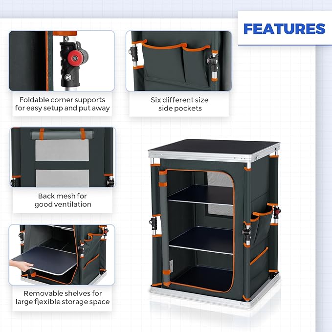 EAGLE PEAK Outdoor Folding Camping Table with Large 3-Tier Storage Organizer and Side Pockets, Easy Set Up Portable Aluminum Camping Kitchen, Gray