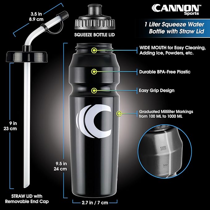 Cannon Sports 1 Liter Sports Water Bottle, BPA-Free, 34 Oz Capacity, Large Mouth, 2 lids (Straw and Squeeze) with Carrier, Great For Helmet Sports Such As Hockey, Lacrosse, Football, Boxing (Black)