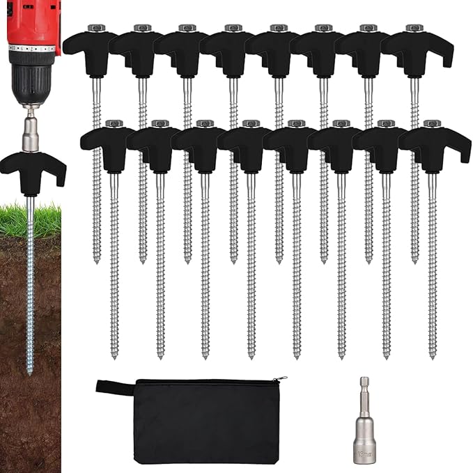 16 Pack Screw in Tent Stakes Heavy Duty,8 Inch Ground Anchors Screw in,Metal Stakes with Hex Head Driver,Camping Tent Accessories.(Black)