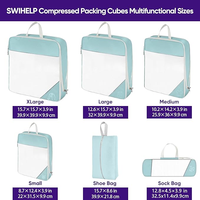 SWIHELP Compression Packing Cubes for Suitcases 6 Set Travel Luggage Organizer Packing For Storage Clothes Shoes