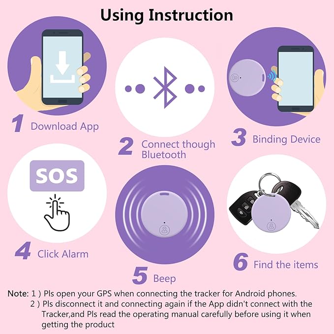 Aircawin Mini GPS Tracker, Key Item Finder Locator,No Monthly Fee App for iOS/Android 2023 Latest,Portable Anti-Lost Bluetooth Tag Item Tracker for Luggages/Kids/Pets/Phone/Wallet/Bag-2Pcs-Pink+Purple