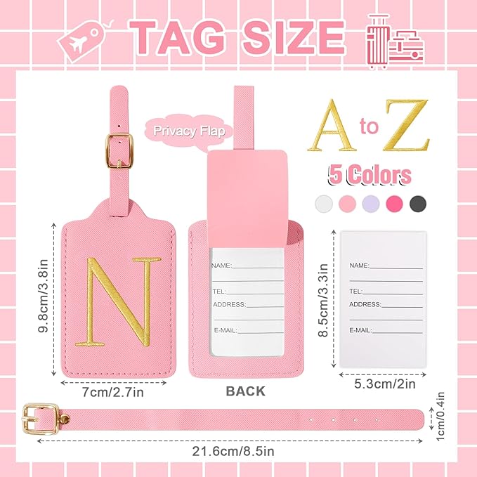 Personalized Initial Luggage Tags for Suitcase, Pink Leather Cute Luggage Tags with Privacy Cover Name Card, Embroidered Custom Monogrammed Luggage Tag Travel Bag Baggage Tags Gifts for Women Kids(N)