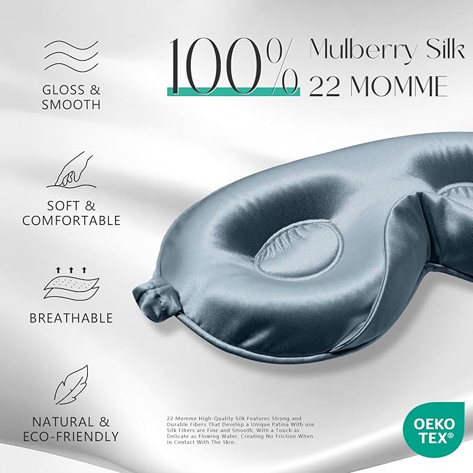 ZIMASILK Adjustable 22 Momme 100% Mulberry Silk Sleep Mask, Upgraded 3D Contoured Cup Eye Mask for Sleeping, Super Soft & Breathable Blindfold, Blackout for Deep Sleeping (Blue Haze)