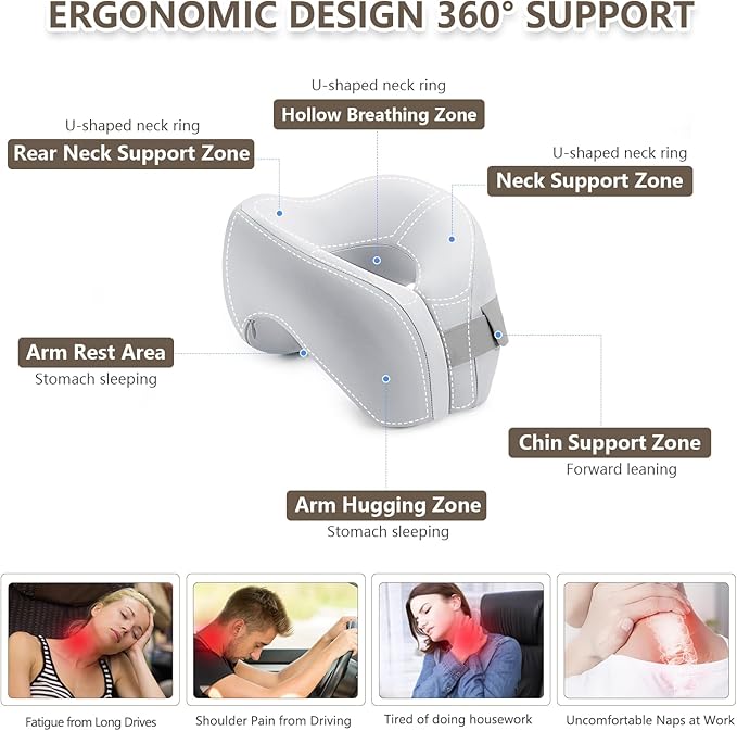 2in1 Ergonomic Memory Foam Travel Neck Pillow – 2025 Upgrade Travel Pillow for All Sleep Positions on Flights, Road Trips, and Long Distance Travel with Drawstring Bag (Adjustable - Gray)