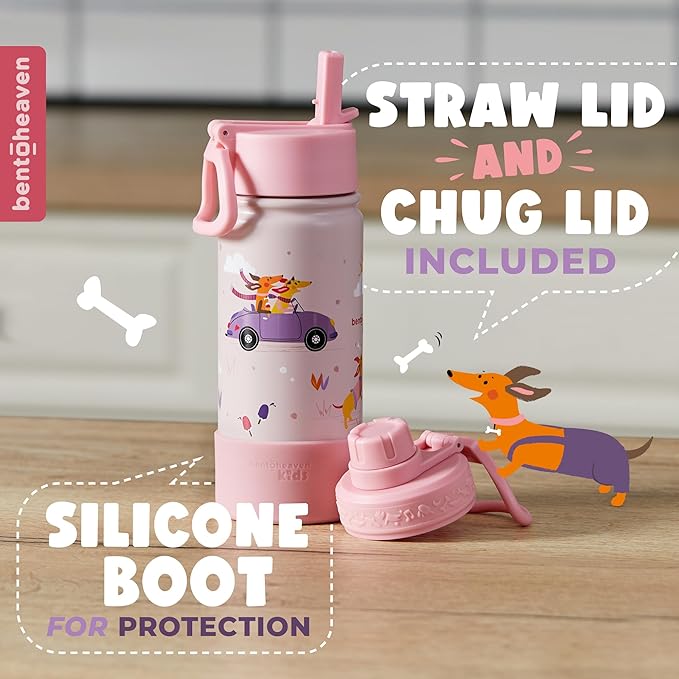 Bentoheaven Kids Water Bottle Stainless Steel for Boys & Girls, 2 Lids (Chug & Straw), Handle & Silicone Boot, Reusable Metal Leak-proof Insulated Tumbler, School & Sports 17oz (Pink)