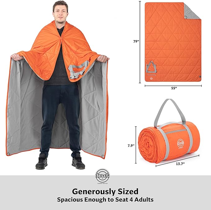 STOVER Waterproof Stadium Blanket – Portable Outdoor Camping Blanket for Travel, Picnics, or Sports – Warm, Windproof, Lightweight, and Packable (Game Day Orange)