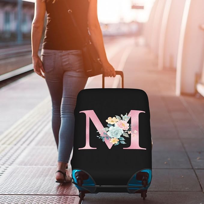 M Alphabet Design Custom Travel Luggage Cover Tag Set TSA Approved Vintage Letter Print Suitcase Protector Men Women(S 18-21 Inch Luggage)