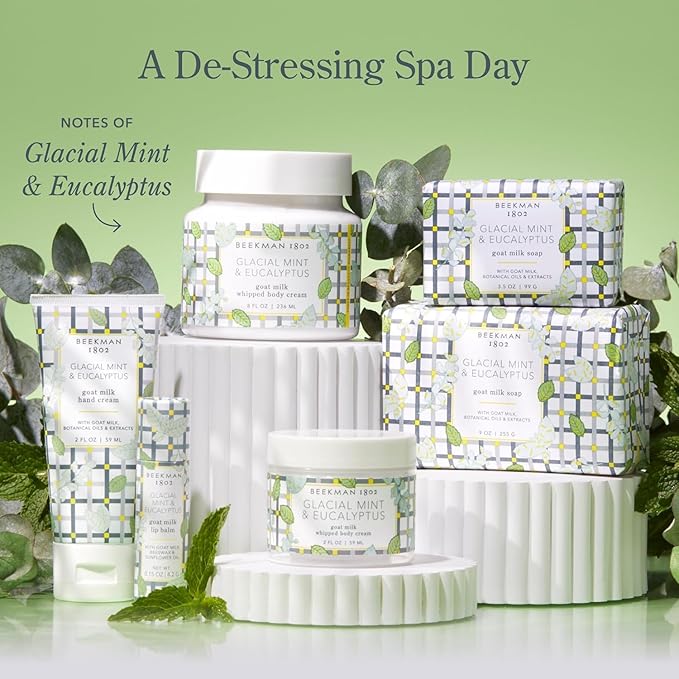 Beekman 1802 Glacial Mint & Eucalyptus 3-Piece Body Care Set – Goat Milk Skincare Gift Set with Bar Soap, Whipped Body Cream & Hydrating Hand Cream – Travel Size Body Care Kit