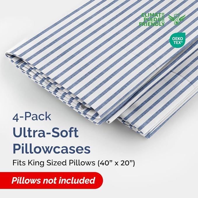 Pillowcases - Ultra Soft Hotel Quality Pillowcase Covers - Comfy, Cozy & Wrinkle Free - Shrinkage and Fade Resistant - Machine Washable Pillow Protectors - (King, Blue Stripes 2, 4 Piece Set)