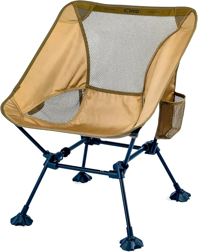 iClimb Ultralight Compact Camping Folding Beach Chair with Anti-Sinking Large Feet and Back Support Webbing (Brown - Square Frame - 2PC)