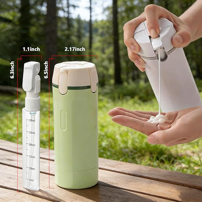 4 in 1 Travel Dispenser, Travel Bottles for Toiletries, Squeeze Leak Proof Dispenser Bottles with Scale and Label for Shampoo Lotion Shower Gel, Suitable for Travel, Camping and Gym(1 PC, Green)