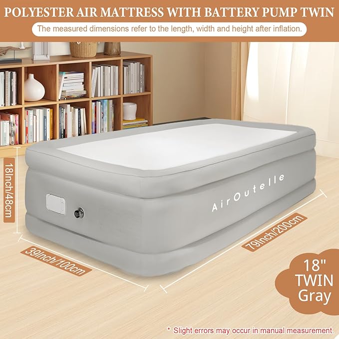 Twin Air Mattress with Built-in USB-C Pump (2500mAh) - 18" Self-Inflating Camping Mattress, Fiber-Tech Support for Indoor & Outdoor Use, Portable Blow Up Bed - White