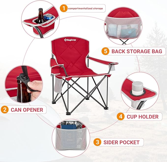 KingCamp Oversized Camping Chair, Portable Folding Outdoor Chairs with Comfortable Padded Seat, Side Pocket and Cup Holder for Fishing, Tailgates, Beach, Lawn, RED