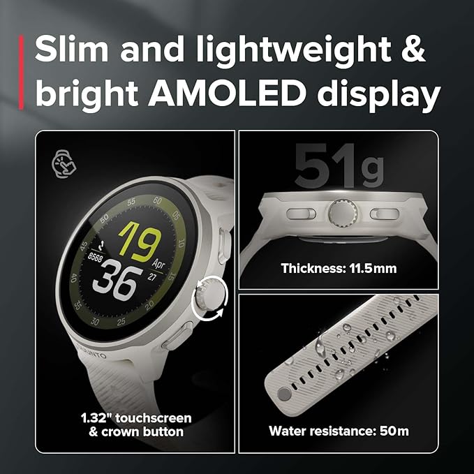 SUUNTO Run Running GPS Sports Watch with Silicone Strap, 1.32" AMOLED Touchscreen w/Crown Button, Wrist Heart-Rate & Sleep Health Tracking, Frost Gray