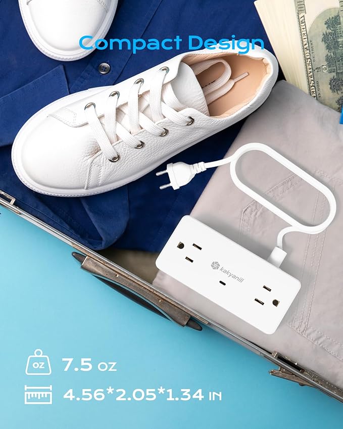 Kakyanill European Travel Plug Adapter, EU/UK/JP Plug Adapter, 4 AC Outlets, 3 USB Ports (2 USB C), 5ft Flat Extension Cord, Compact for Travel