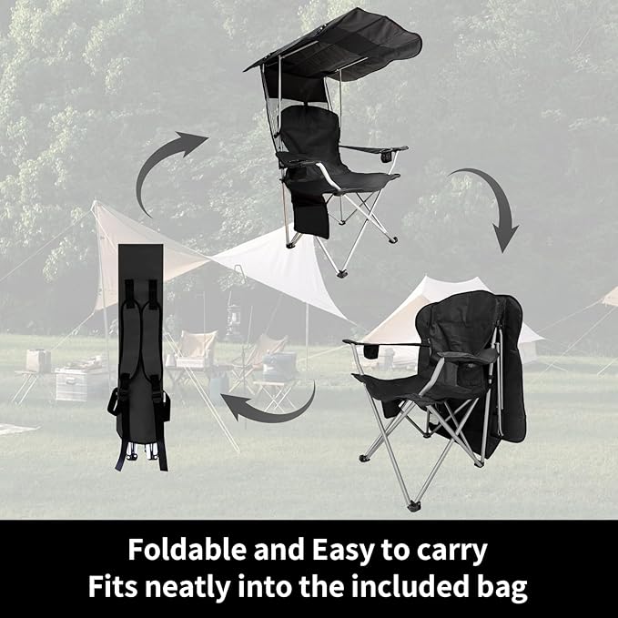 Portable Camping Chair with Canopy Shade- Folding Camping Lounge Chair with Cup Holder & Side Pocket for Outdoor Camping, Fishing, Beach - Support 330 LBS (Black)