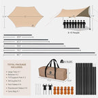 Camping Tarp with Poles & Retainer,15x12.5FT Large Waterproof 210D Oxford Cloth Camping Canopy, Anti-UV UPF100+ Tent Tarp Car Awning for Outdoor, Picnic, Hammock, Car, Backpacking (Khaki)