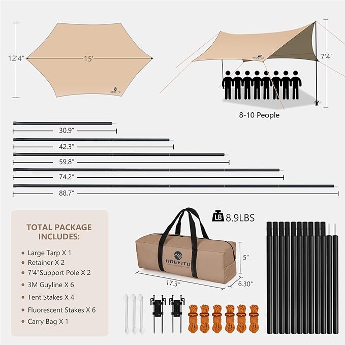 Camping Tarp with Poles & Retainer,15x12.5FT Large Waterproof 210D Oxford Cloth Camping Canopy, Anti-UV UPF100+ Tent Tarp Car Awning for Outdoor, Picnic, Hammock, Car, Backpacking (Khaki)