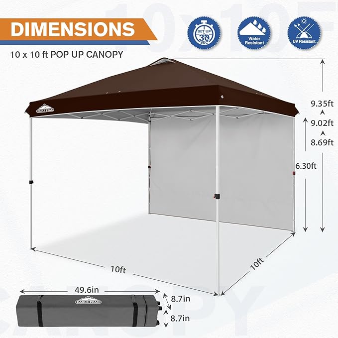 EAGLE PEAK Pop Up Canopy Tent with 1 Sidewall, Easy Setup Event Tent, Outdoor Sun Shade, Wheeled Carry Bag, Stakes and Guy Ropes, Instant Canopy 10x10, Brown