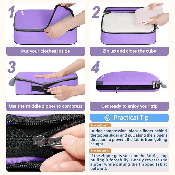 BAGAIL 4 Set/6 Set/8 Set Compression Packing Cubes Travel Accessories Expandable Packing Organizers(Lavender ClothPattern 4 Set)