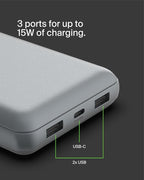 Belkin Portable Charger, USB C Power Bank 20000 mAh w/ 2 USB-A Ports, 15W w/A to C Cable - iPhone 17, Air, Pro, Pro Max, AirPods, Samsung Galaxy S25, iPad, Nintendo Switch 2, Google Pixel 10 - Gray