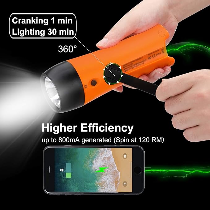 Rechargeable Hand Crank Flashlight/Generator/USB Charger for Phone and Emergency Survival Situations (Orange)
