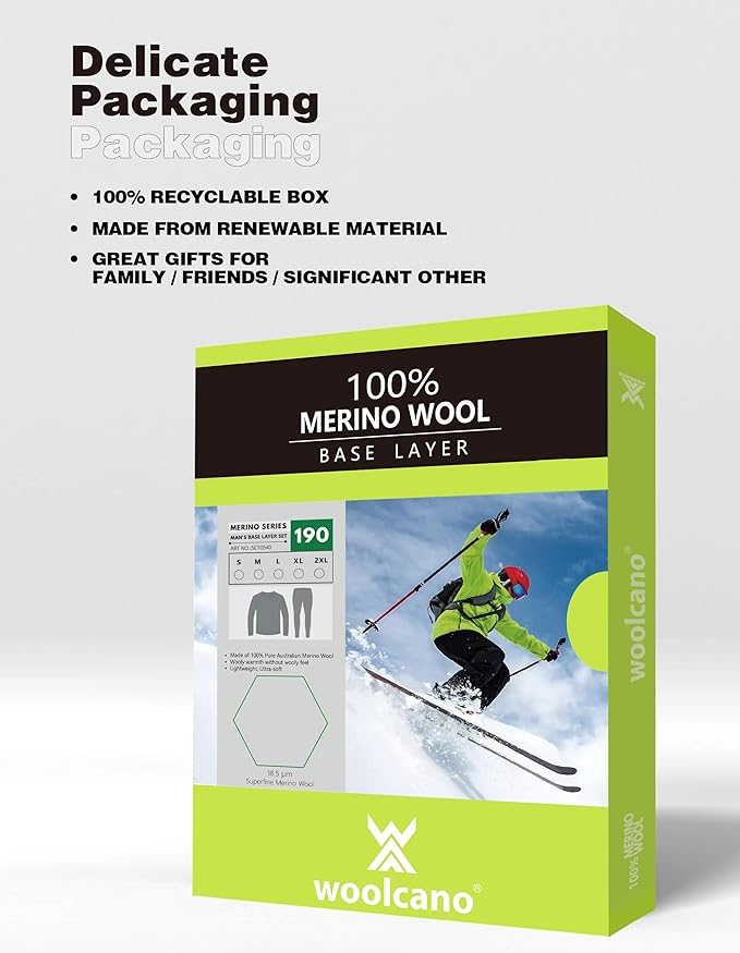 Men's 100% Merino Wool Base Layer Sets Lightweight Active Base Layer for Ski