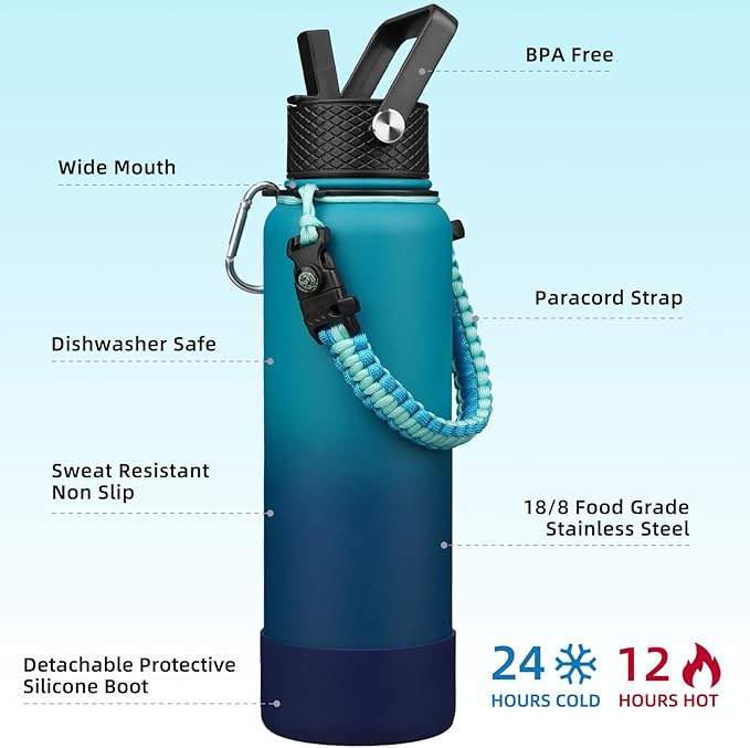 BJPKPK Insulated Water Bottle with Straw Lid, 40oz Large Thermo with 3 Lids, Paracord Handle & Non-slip Boot, BPA Free Leak Proof Stainless Steel Metal Water Bottles, Tumblers, Cups,Vast