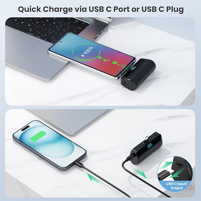 [2 Packs] Small Portable Charger 5500mAh for iPhone 15/16,LCD Display 15W PD Fast Charging Power Bank,USB-C Connector,Mini Battery Pack Compatible with 16/16 Pro Max/15/15 Pro Max Android Galaxy etc