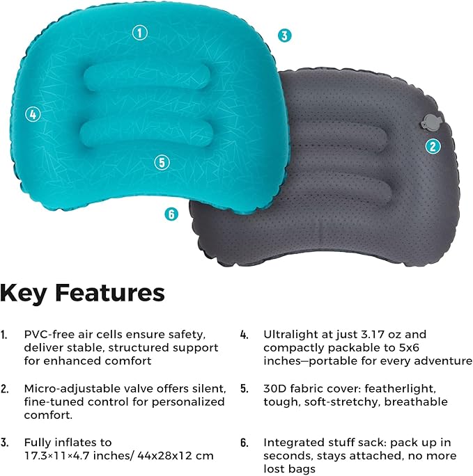 ATEPA Inflatable Camping Pillow, Ultralight Waterproof Travel Pillow with Ergonomic Support & Leak-Proof Air Valve, Compact Portable Pillow for Hiking Backpacking Tent Airplane Beach, Blue