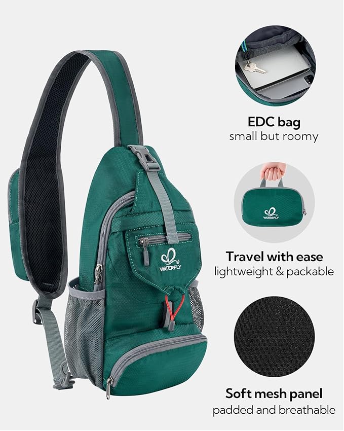 WATERFLY Packable Small Crossbody Sling Backpack Shoulder Chest Bag Daypack for Hiking Traveling