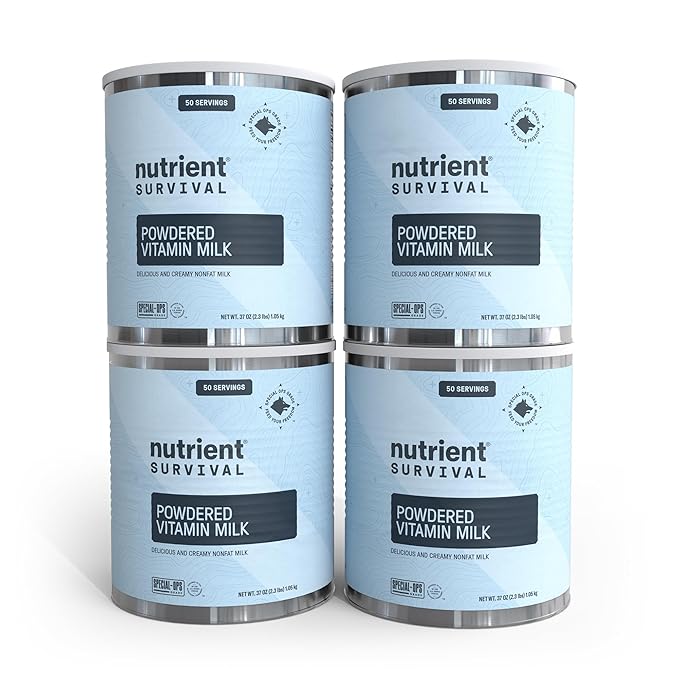 Nutrient Survival Vitamin Powdered Milk (4 Cans, 200 Servings), Freeze Dried Prepper Supplies & Emergency Food Supply, 21 Essential Nutrients, Soy & Gluten Free, Shelf Stable Up to 25 Years