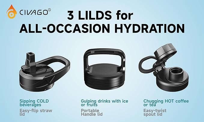 CIVAGO 32 oz Insulated Water Bottle With Straw, Stainless Steel Sports Water Cup Flask with 3 Lids (Straw, Spout and Handle Lid), Wide Mouth Travel Thermal Mug, Indigo Black