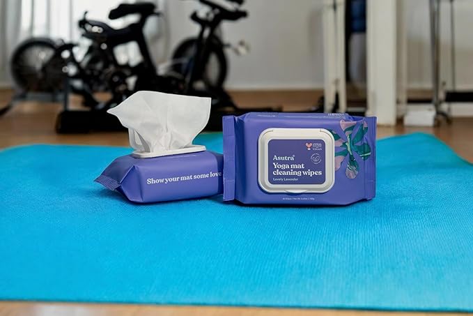 ASUTRA Yoga Mat Cleaning Wipes (Lovely Lavender), 2 Pouches (30 Wipes Each) - No Slippery Residue, Deep-Cleansing for Fitness Gear & Gym Equipment
