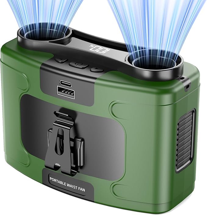 Portable Waist Fan, 20000mAh Battery Operated, Clip On Belt & Rechargeable, 10 Speeds 16000RPM Strong Airflow, Max 40H Working Time, Personal Shirt Fan for Outdoor Jobsite Camping Travel