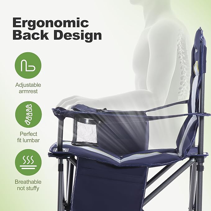 LET'S CAMP Oversized Folding Camping Chair Portable Outdoor Heavy Duty Padded Chairs Lawn Chair with Cup Holder, Storage Pocket and Cooler Bag, Supports 450LBS, for Camp, Travel, Picnic,2 Pack(Blue)