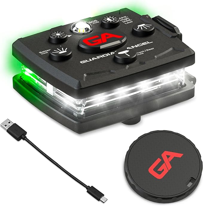 Guardian Angel Micro Series Safety Lights, (All White Front & Green Rear) | Rechargeable, Magnetic & Hands-Free Wearable LED Flashlight for Dog Walking, Cycling, Hiking, Camping & Fishing