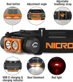 NICRON Headlamp Rechargeable, High Bright 1500 lumens 180° Rotating Aluminum LED Head Lamp with 3 Light Sources 10 Modes Waterproof Head Flashlight H25 for Camping Hunting Running Fishing Biking
